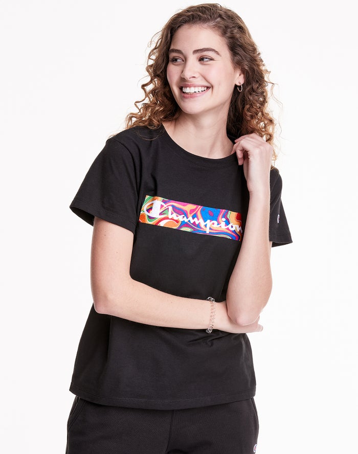 Champion T-Shirt Dames - Zwart - Classic Jersey Liquid Filled Block With Script Logo ( 301597-TRM )